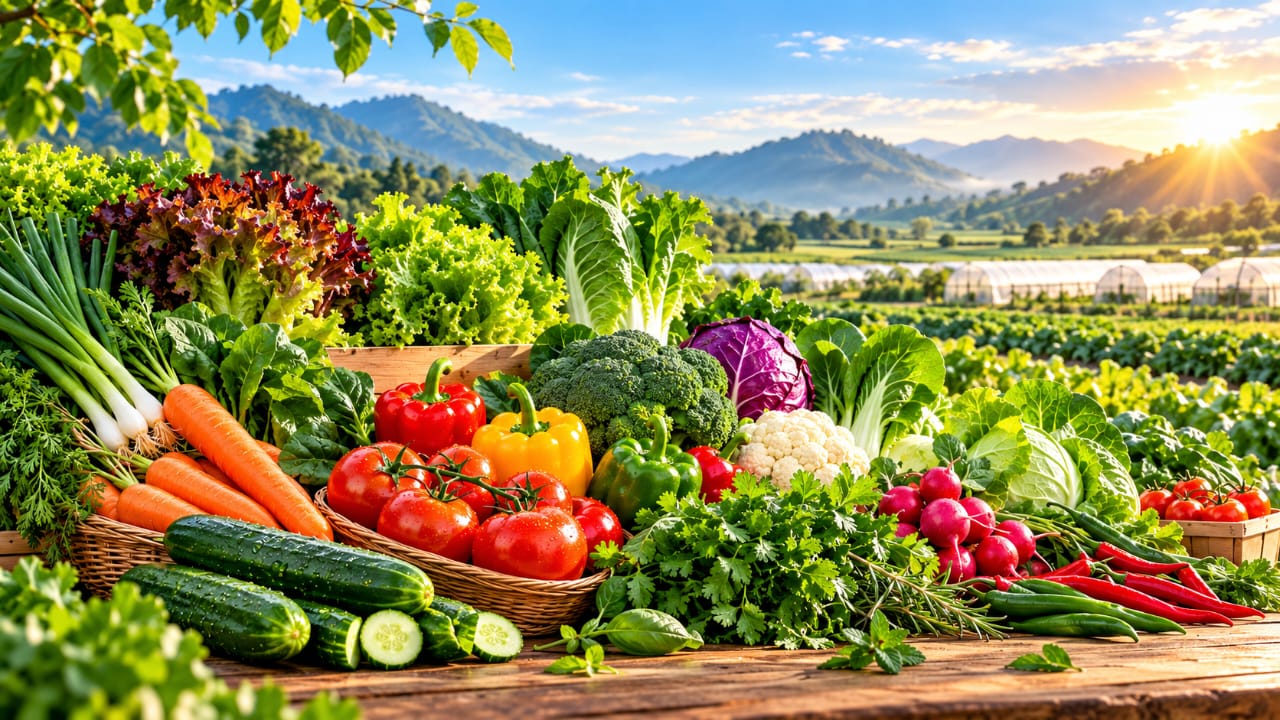 Fresh vegetables with green farmland and hills in the background